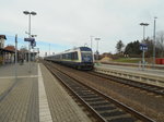 Die MRB auf der Fahrt von Chemnitz nach Leipzig verlässt gerade den Bahnhof Geithain  (Aufnahme: 27.03.2016)
