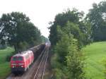 am frhen Morgen des 20.8.08 fahren 225 100 und eine weitere 225 mit einem Arlbergumleiter zwischen Lindau und Hergatz durch das Allgu