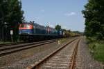 225 071 und 225 002 der NBE waren am 07.07.2013 mit einem Bauzug bei Wiesau unterwegs.