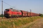 Der  Roßberger Kieszug  mit 225 805-1 und leeren Wagen am 12.07.2011 kurz vor der Einfahrt in den Bahnhof Roßberg.