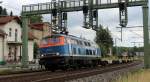 225 002-5 der NBE Rail GmbH am 19.06.2014 mit einem Güterzug durch Bad Kösen in Richtung Süden.