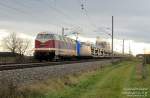 Auf ihrer 2. Lastprobefahrt erreicht die rekonstruierte 118 552 der ITL mit einem Autotransportzug aus Bad Schandau den Zielbahnhof Falkenberg(Elster). 16.12.14