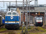 V180 der Infra Leuna und 189 452 ehemaliges BW Nordhausen 09.01.2015 (mit viel Zoom von außerhalb Gelände)