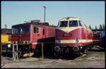 250013 neben 118804 stehen am 1.5.1990 an der Drehscheibe im BW Leipzig - Engelsdorf.