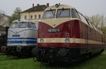 118 552-9 und V240 001 am 15.04.16 im Bw Dresden Altstadt beim Dampfloktreffen.