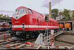 229 188-8 DB steht anlässlich des Sommerfests unter dem Motto  Diesellokomotiven der ehemaligen DR  auf der Drehscheibe des DB Musems Halle (Saale).