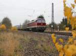 231 012-6 mit Flachwagen-Zug in Fahrtrichtung Norden. Aufgenommen am 09.11.2012 beim B Eltmannshausen/Oberhone.