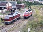 2 Ludmillas, 132 004-3 und 232 060-8 vor dem Bahnbetriebswerk Gera am 7.8.2019