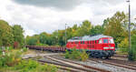 232 472 erreichte am 15.10.25 mit einem Flachwagenzug den Bahnhof Neunkirchen am Sand. Im Vordergrund zweigt das Gleis nach Simmelsdorf-H�ttenbach gen Norden ab.