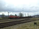 Zwei Ludmillas ziehen am 06.04.2008 einen Ganzzug aus mehreren Ea-Wagen, die mit Kohle beladens ind, durch den ehemaligen Rangierbahnhof Luitpoldhtte.