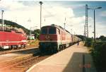 Ein aus Belgien kommender Containerganzzug mit Autoteilen fr eine schwedische Automarke mit der Lok 232 649 am 10.09.1996 wartet auf Ausfahrt Richtung Sassnitz Hafen.