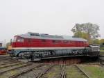132 010 auf der Drehscheibe im Bw Weimar am trben 12.10.2013  zum DR-Dieselloktreffen.
