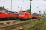 Bf. Wismar 145 004 fhrt vom Abstellplatz zum Seehafen. Ebenfalls warten noch 232 534, 232 365, 155 065 und 140 528 auf den nchsten Auftrag. 19.06.2007