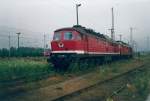 Bevor an einem Julitag 1999 ein Gewitterschauer los ging hatte ich noch die
Gelegenheit die 232 705 zusammen mit einer Schwesterlok in Neustrelitz zufotografieren.