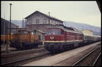 132361 hält mit einem Personenzug nach Eisenach am 29.3.1991 im Bahnhof Meiningen. Links daneben ist DR 106765 zu sehen.