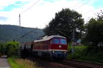132 334-4 des Erfurter Bahnservice zieht einen Getreide Zug durch Rathen.
