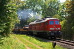 232 254 zieht am 20. August 2018, aufgrund der Arlbergsperrung, einen langen, gemischten Güterzug über die Aeschacher Kurve in Lindau Richtung München.