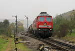 232 534 mit dem bekannten LÜ-Zug am 30.10.2014 bei der Ausfahrt aus Markelsheim.