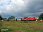 232 258 verlt mit seinem PKP-Kohlezug den Bf Uhyst in Richtung Polen, 03.08.07.