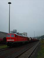 Die frisch hauptuntersuchte 232 665-0 steht mit ihrem Kali-Zug abfahrbereit in Heringen (Werra). Das Wetter war nicht gerade berauschend, umso mehr freute mich ihr Anblick. (03.09.08).