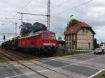 232 230 verlsst mit einem Militrtransport den Bahnhof Martensdorf.