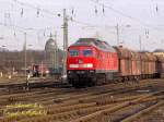 232 448 hat mit ihrem Gterzug Ausfahrt aus dem Dessauer Hauptbahnhof.