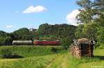 Railion DB Logistics 232 609-8 vor gemischtem Gterzug Richtung Schwandorf, KBS 870 Nrnberg - Schwandorf, fotografiert bei Ziegelhtten zwischen Etzelwang und Neukirchen bei Sulzbach-Rosenberg am 21.06.2013 --> im Hintergrund oben das Schlo Neidstein im Naturschutzgebiet Schergenbuck