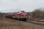 232 535-5 und 155 159-7 (beide WFL) samt leerem Holzzug am 20.2.2022 bei der Durchfahrt Pößneck oberer Bahnhof auf dem Weg zur Beladung nach Triptis