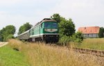 25 Jahre Wismut hieß es am 25.06.16. Deshalb fuhr V300 005 und 86 1333-3 den Pendelzug zwischen Schmirchau nach Kayna und zurück. Hier der Zug bei  Großbraunshain Richtung Kayna.