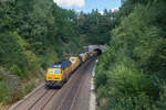 233 493 der Bahnbau Gruppe mit einem Bauzug bei Oberwappenöst Richtung Nürnberg, 14.08.2017