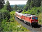 233-326 mit ein paar ausgemusterten n-Wagen im Schlepp,unterwegs Richtung Pegnitz.(Ranna,17.08.2009)