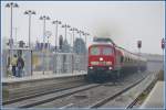 233 040-5 braust mit einem Kesselwagenganzzug durch den grosszgig ausgebauten Bahnhof Aschersleben. (08.12.2009)