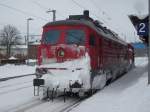 233 314 kam mit dem Schneepflug 80-80 970 5010-4 von der Rumung der Strecke nach Lauterbach am 13.Februar 2010 in Bergen/Rgen zurck.