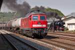 Am 05.05.12 rollt 241 449-8 mit einem Kesselzug aus Rhsa kommend durch den Bahnhof Nossen. Im Hintergrund 03 2155-4, die beim BW Fest in Nossen zu Gast war.