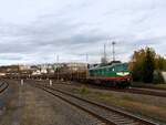 Die TRL Ludmilla 241 008-2 ( 9280 1241 008-2 D-TRL ) verlässt Gera mit einem Langholzzug am 9.11.2023 