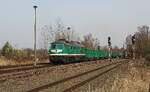 Einfahrt der 241 338 im ehemaligen Bahnhof Schmierchau auf der Wismutbahn mit einem vollen Sandzug für den Bunker Braunischswalde. Aufgenommen am 10.03.2026
