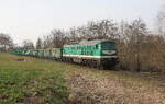 Die grüne 241 338 von Triangula fährt mit passenden grünen Wagen einen Leerzug von Seelingstädt zu der Sandgrube Kayna im Pendelverkehr auf der ehemaligen Wismutbahn. Drt wird der Zug mit Sand beladen und wird zum Verfüllen eines von der  Wismut  früher benutzten Absatzbeckens benötigt. Und dient noch somit als Rekultivierungsprojekt des damaligen Uranbergbaues bei Ronneburg. Aufgenommen wurde der Zug am 10.03.2026 in Baldenhain. 