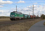 241 338 der Triangula schleppte am 01.03.26 einen Schwenkdachwagenzug der Lovochemie durch Wittenberg-Labetz Richtung Dessau.