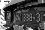 Detailaufnahme an 241 338 Triangula, welche noch nicht wie üblich lackiert sondern mit Lokschild ausgestattet ist, 12.03.2022