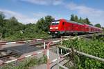 245 036 zieht am 27.08.2018 die Wagen des RE 4215, Stuttgart - Lindau, an einem zwischen Warthausen und Biberach (Riß) liegenden Fußgängerbahnübergang vorbei.