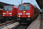 245 036 trifft am 5.1.2019 mit dem IRE4210 von Friedrichshafen Hafen nach Stuttgart Hauptbahnhof im Ulmer Hauptbahnhof auf 245 035 mit dem RE4207 von Stuttgart Hauptbahnhof nach Lindau Hauptbahnhof.