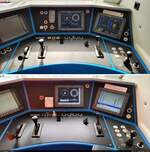 Ein Vergleich der Führerstände unterschiedlicher Siemens-Vectron-Bauarten: Oben eine mehrsystemfähige E-Lok der Nummer 193 368-8, im unteren Bild die Diesel-Variante als 247 907-9.