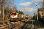 Endlich mal wieder ein sonniger Sonntagnachmittag in Sachsen! Die Gunst der Stunde nutzend gelang mir diese Aufnahme am 04.03.07 vom  Orangen Tiger  der HVLE mit dem Gipszug vom HKW Chemnitz-Nord am Haken bei der Durchfahrt durch Hp Wittgensdorf-Mitte.