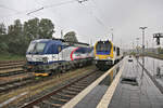 EHB Maxima 263001-0 passiert hier am 19.08.2026 um 09.50 Uhr bei starkem Regen im Bahnhof Hasbergen die dort geparkte Vectron der ZSSK Cargo 383201-1.