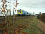 So sieht mein Favoriten Herbstmotiv nur 1 Woche spter aus - das Laub ist fast unten...Die MEG kommt mit ihrem Zementzug und der 264008 umleitungsbedingt von Sachsen herber und passiert grade das Viadukt ber die Saale in Unterkotzau bei Hof.