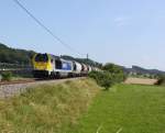 Der Gterzug aus Bad Wurzach hat so eben in Rosberg die Fahrtrichtung gendert, nun ist er auf dem Weg nach Aulendorf um von dort weiter ber die Sdbahn nach Ulm zu kommen, 17.07.2013