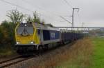 Voith Maxima 40 CC mit ERS Railways Holztransportwagenzug am 12.10.2013 in Niederfllbach bei Coburg Richtung Rdental. 