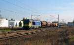 264 002 der Raildox zog am 13.02.16 einen Schwenkdachwagenzug durch Raguhn Richtung Dessau.