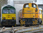Die Diesellokomotiven Class 66 PB01 von der Ruhrtalbahn-Cargo und M 500 C der Westfälische Lokomotiv Fabrik Karl Reuschling. (Hattingen, März 2018)