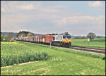 Mit einem Coil Wagen Zug und einer E-Lok im Schlepp hat die Euro Cargo Rail 266441-5 eine schwere Last am Haken. Am 21.4.2026 um 15.38 Uhr dröhnte sie bei Wenzenbach in Richtung Regensburg über die KBS 855.
